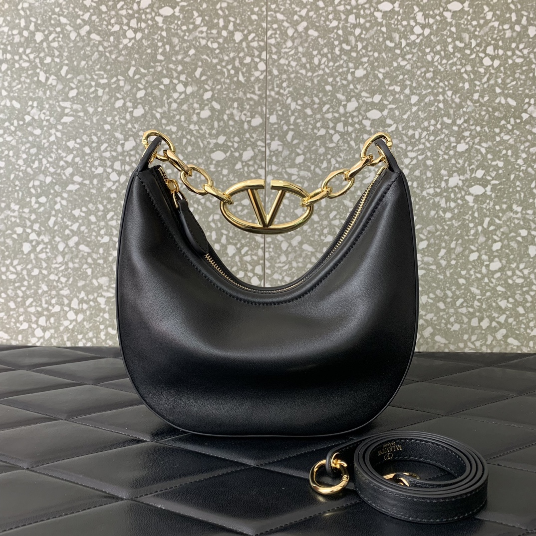 Valentino Garavani VLogo Moon Mini Hobo Bag in Black Nappa Leather 